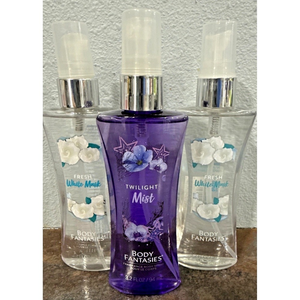 Body Fantasies Fragrance Body Spray Set Twilight Mist & Fresh White Musk 3 Pc